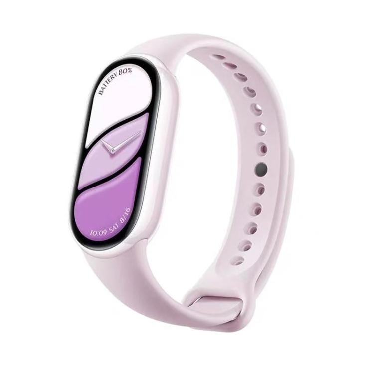 Pale pink silicone watch band with adjustment holes, shown fitted to a smart band