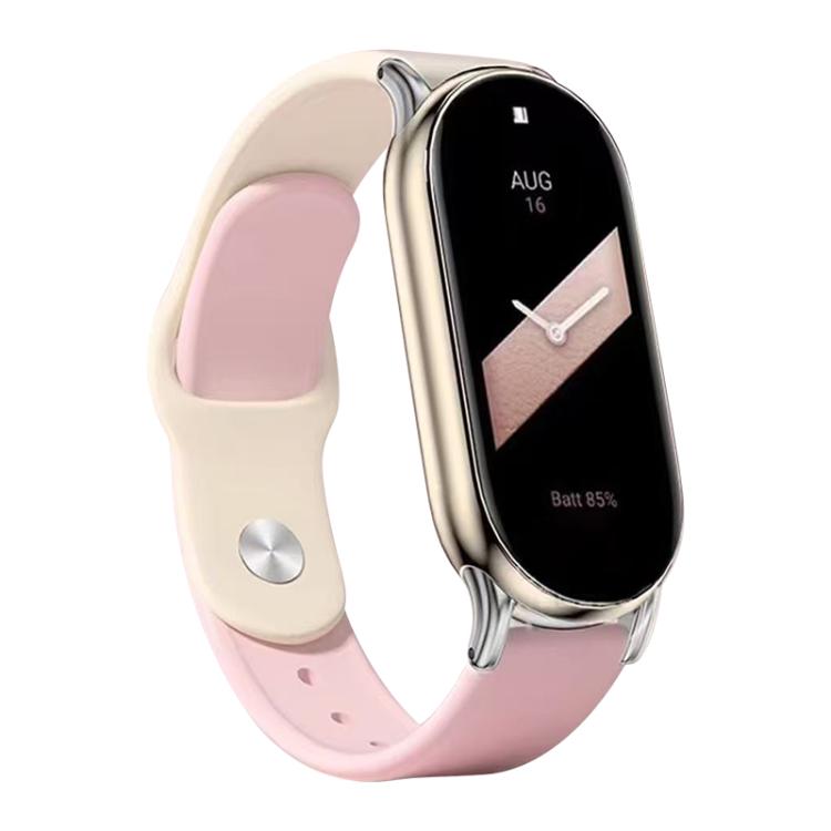 Two-tone cream and pink silicone watch band with a round metal fastener