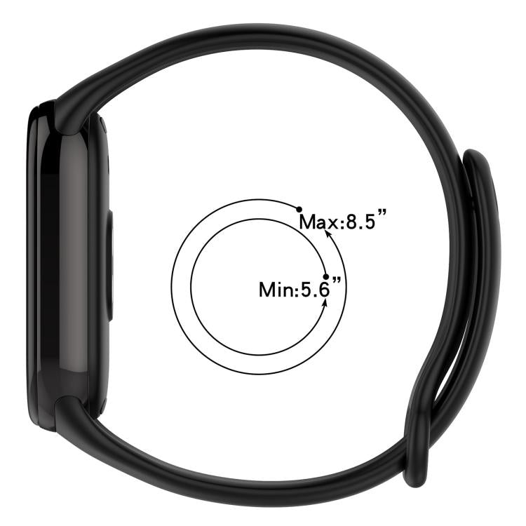 Black silicone watch band shown in a loop with a 5.6 to 8.5 inch fit range