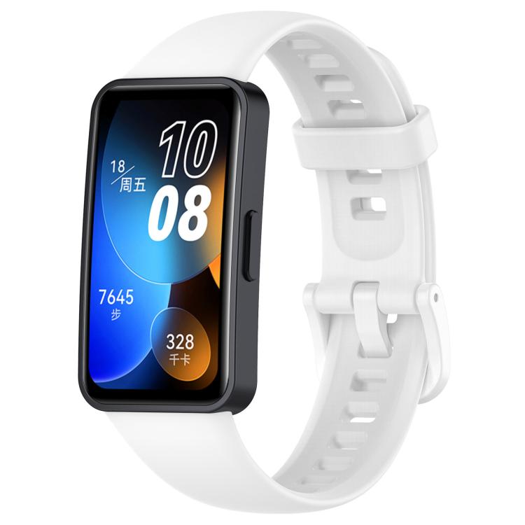 White silicone watch band with buckle and adjustment holes, shown attached to a smartwatch.