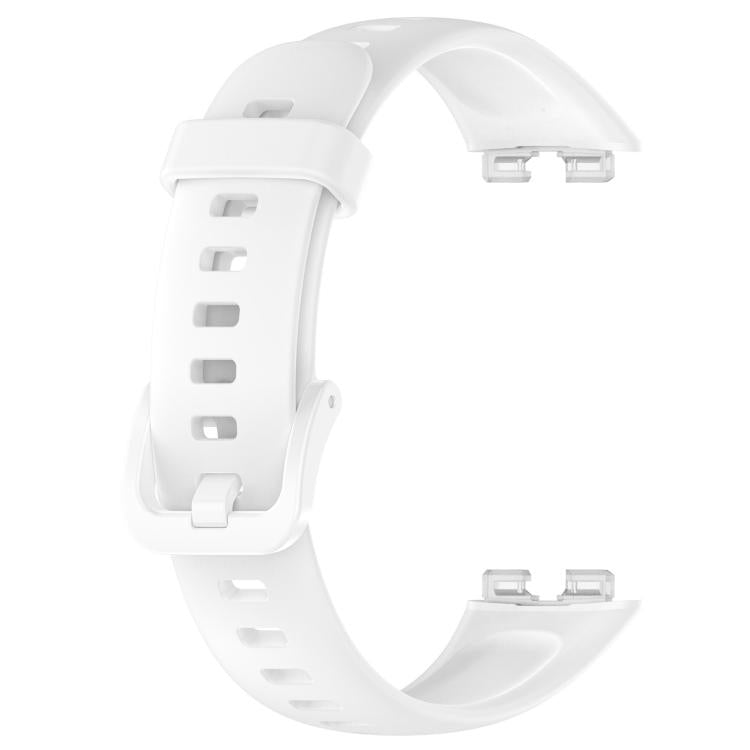White silicone watch band shown alone, with buckle, adjustment holes and watch connectors.