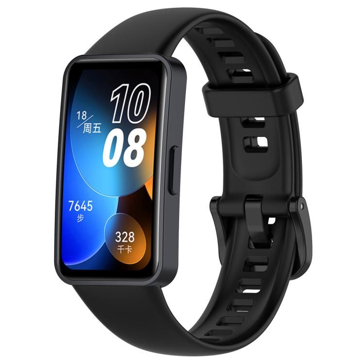 Black silicone watch band with buckle and adjustment holes, shown attached to a smartwatch.