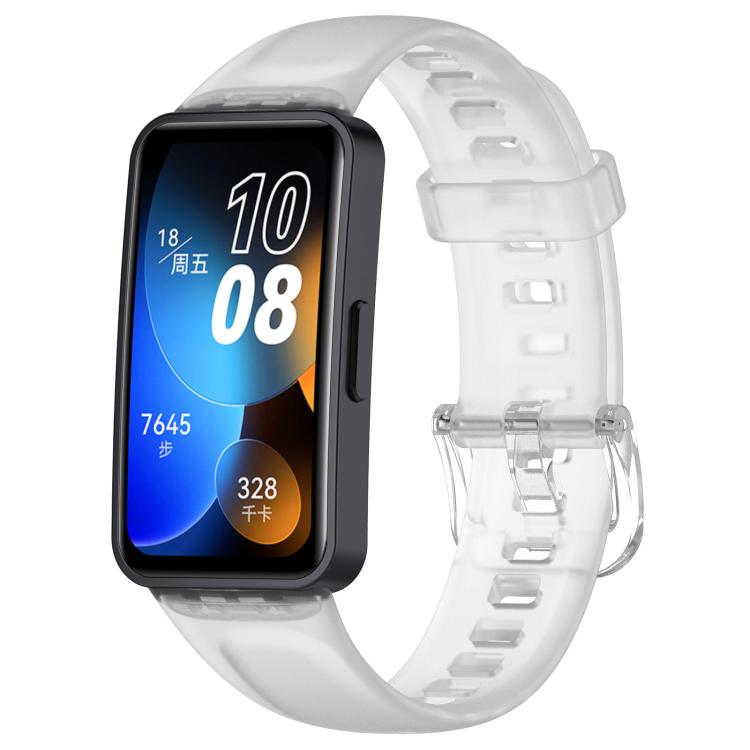 Translucent white silicone watch band with buckle, shown attached to a smartwatch.