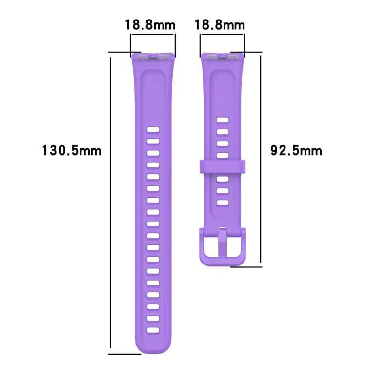 Purple silicone watch band in two pieces, with length and width measurements