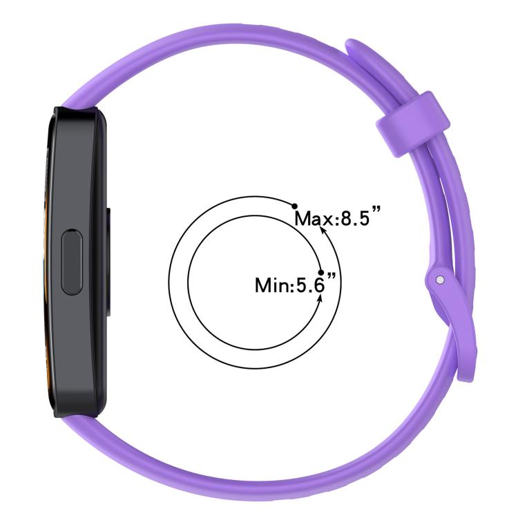 Purple silicone watch band shown around a smartwatch, with wrist size range