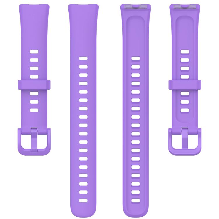 Purple silicone watch band with adjustable holes, buckle, and keeper loops.
