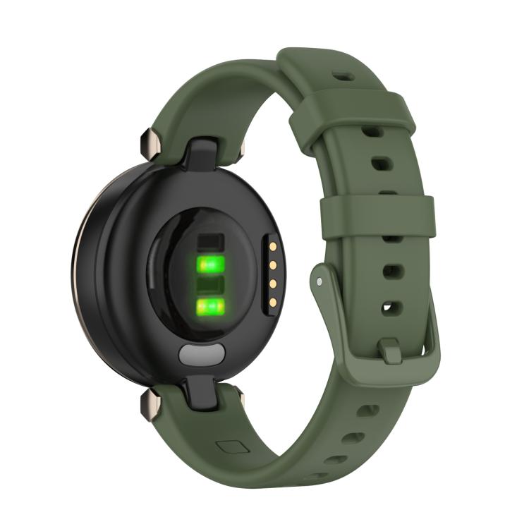Dark green silicone watch band attached to a round smartwatch, sensor side visible