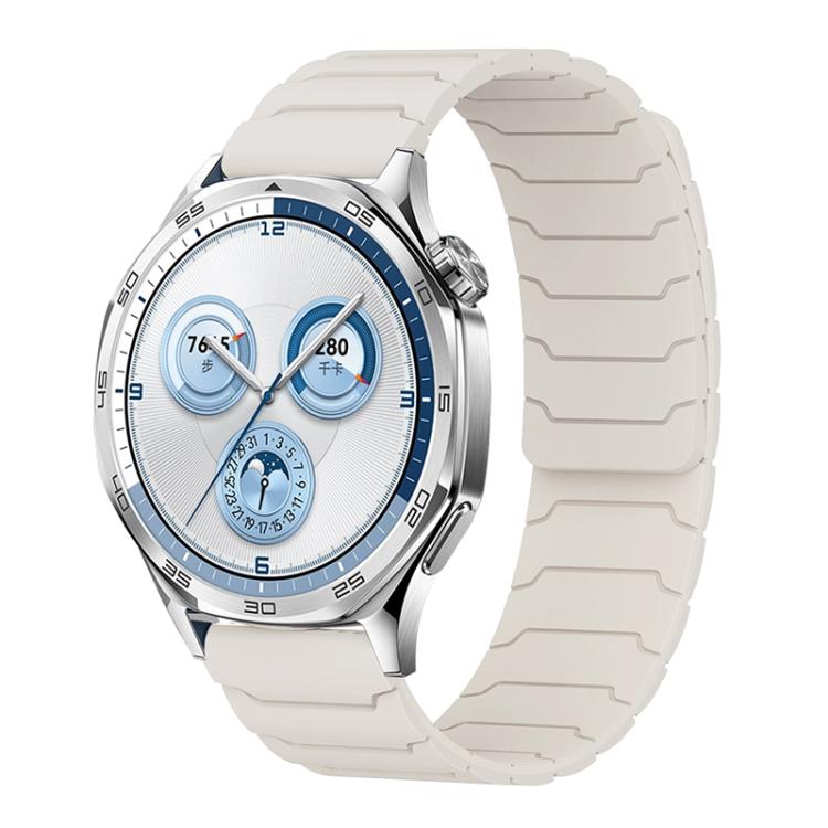 xDfind off-white silicone watch band with segmented links on a silver watch