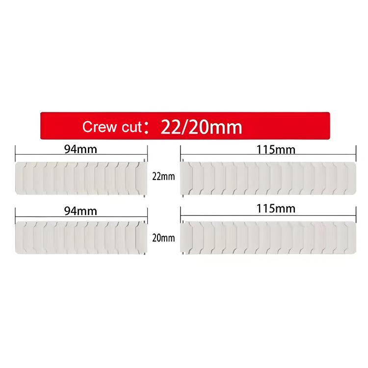 Silicone watch band sizing chart showing 22 mm and 20 mm widths and 94 mm and 115 mm lengths