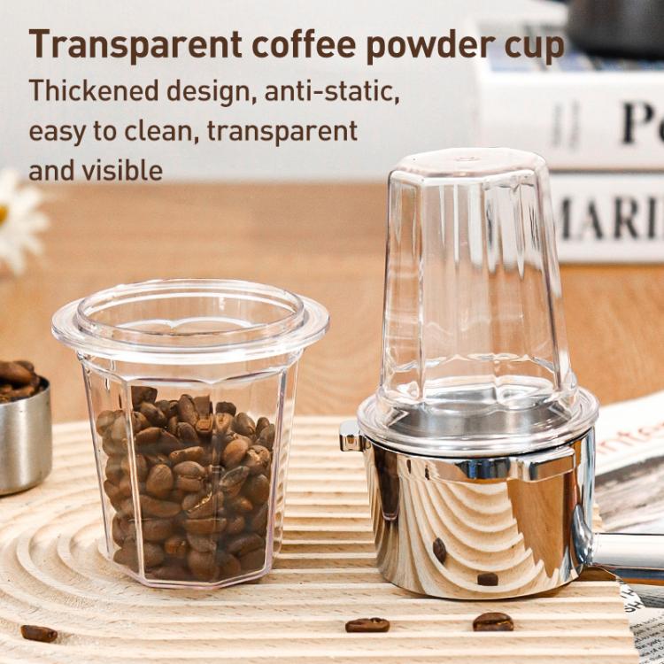 Transparent coffee powder dosing cups with thick clear walls and round open tops