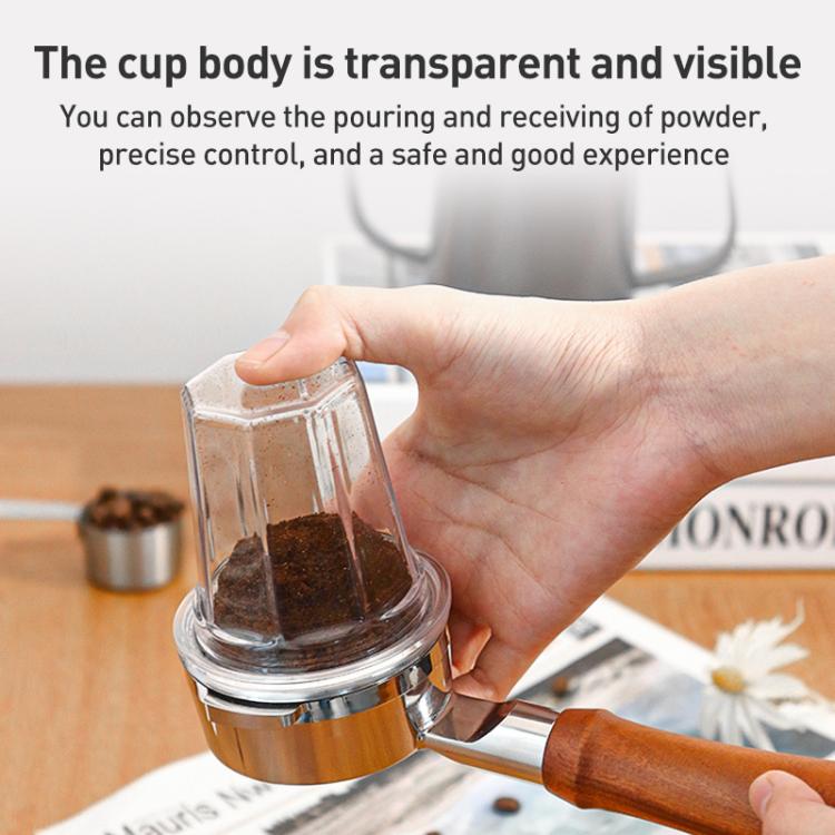 Transparent coffee dosing cup in use, open container with visible grounds inside