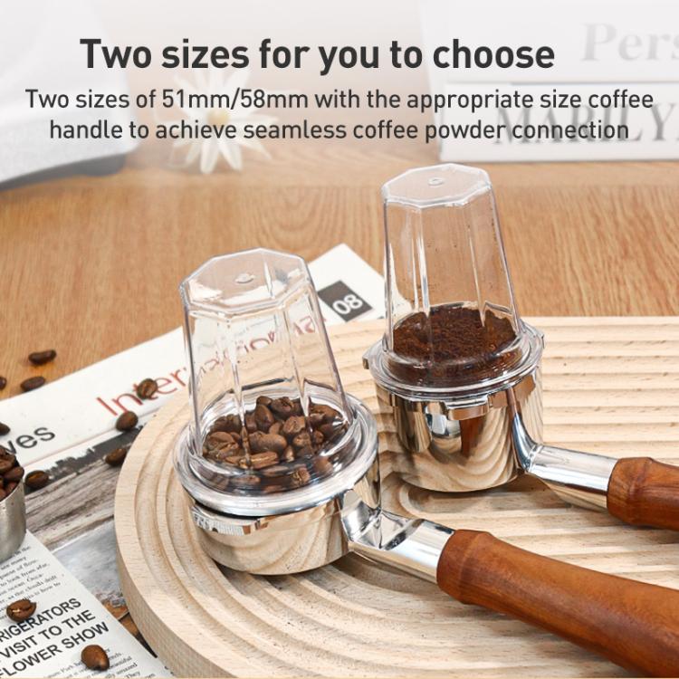 Set of two transparent coffee dosing cups in different sizes, open tops for grinding