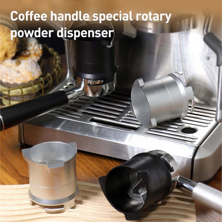 Silver rotary dosing cup feeder on espresso machine, open powder cup design