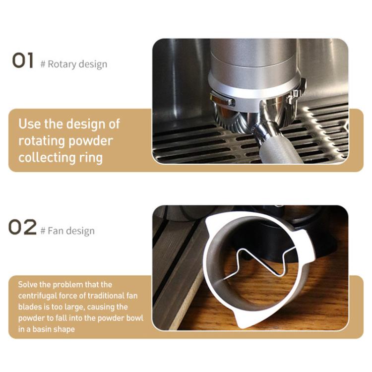 Rotary dosing cup feeder on espresso machine, showing rotating powder spout area