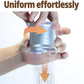 Silver rotary dosing cup feeder held in hands, pouring powder from open top