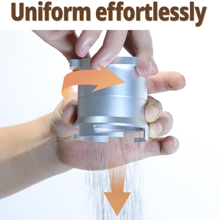 Silver rotary dosing cup feeder held in hands, pouring powder from open top