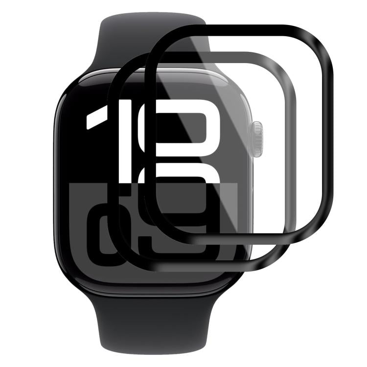 Two curved screen protectors shown over an Apple Watch with a bold digital time display.