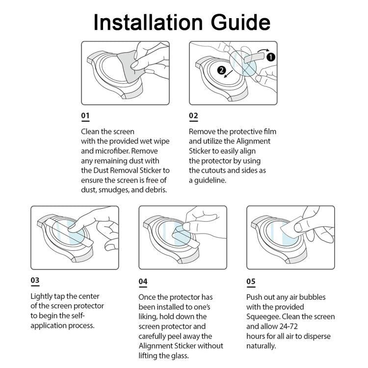 Watch screen protector installation guide with five illustrated steps
