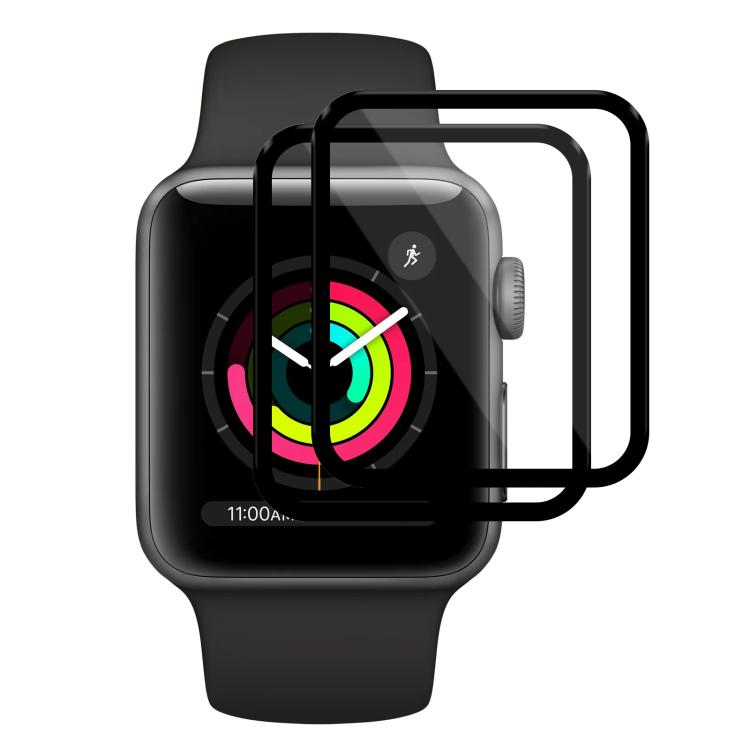 Two curved screen protectors shown over an Apple Watch with colorful activity rings.