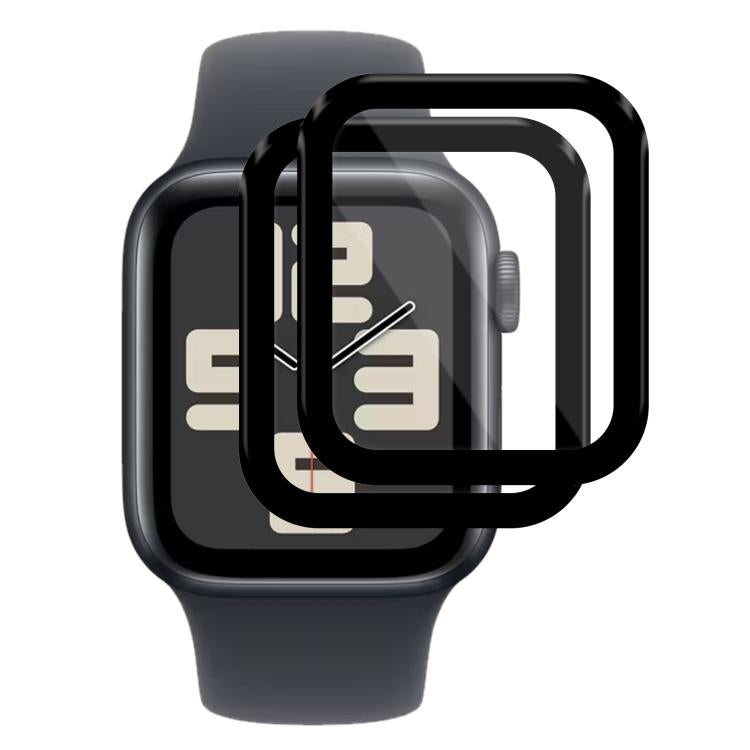 Two curved screen protectors shown over an Apple Watch with a digital numeral face.