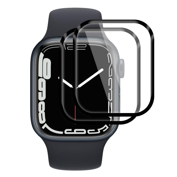 Two curved screen protectors shown over an Apple Watch with a white numeral clock face.