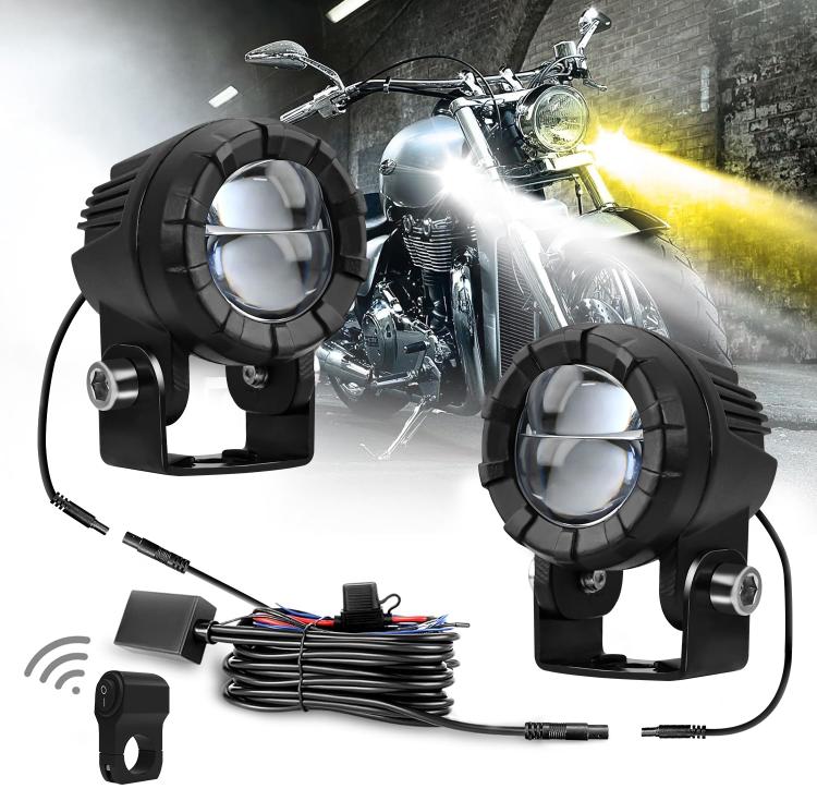 Pair of black dual-lens LED motorcycle spotlights with mounting brackets and cable