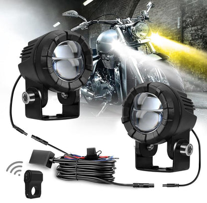 Pair of black dual-lens LED motorcycle spotlights with mounting brackets and cable