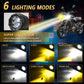 Dual-lens LED motorcycle spotlight showing multiple light modes on the lens
