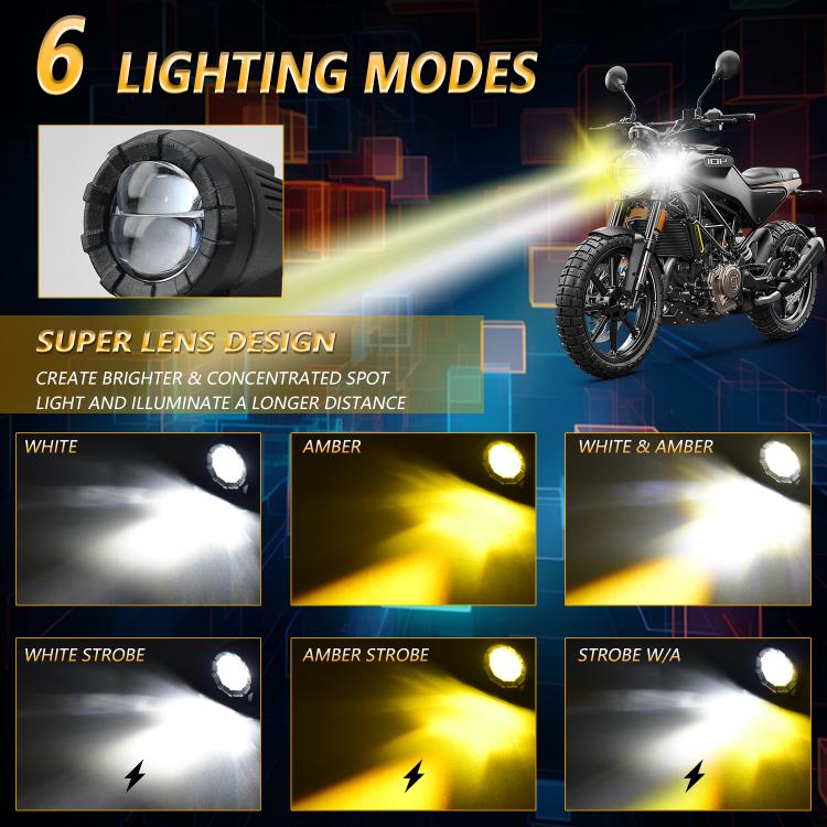 Dual-lens LED motorcycle spotlight showing multiple light modes on the lens