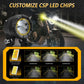 Black dual-lens LED motorcycle spotlight with bright white and yellow beam