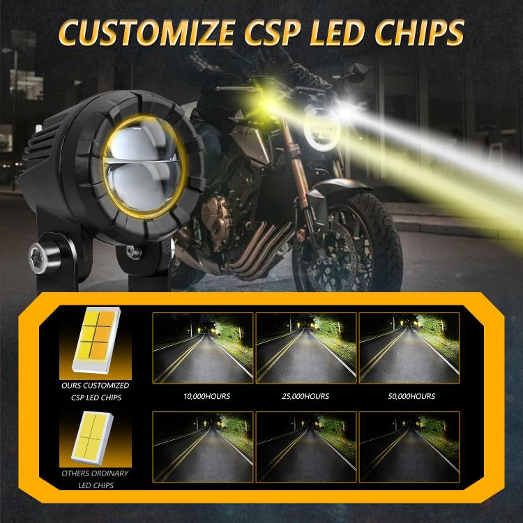 Black dual-lens LED motorcycle spotlight with bright white and yellow beam