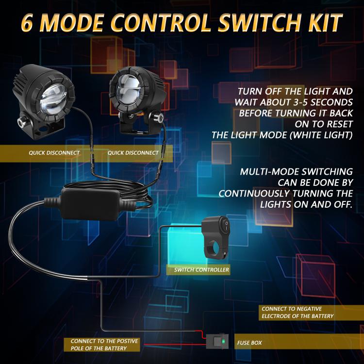 Dual-lens LED motorcycle spotlight 6-mode control switch kit with wiring harness