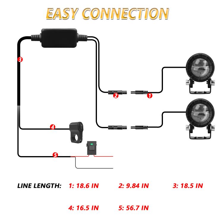 Wiring diagram for dual-lens LED motorcycle spotlights with control switch and connectors