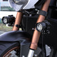 Motorcycle spotlight fixing bracket with two round LED spotlights mounted on fork