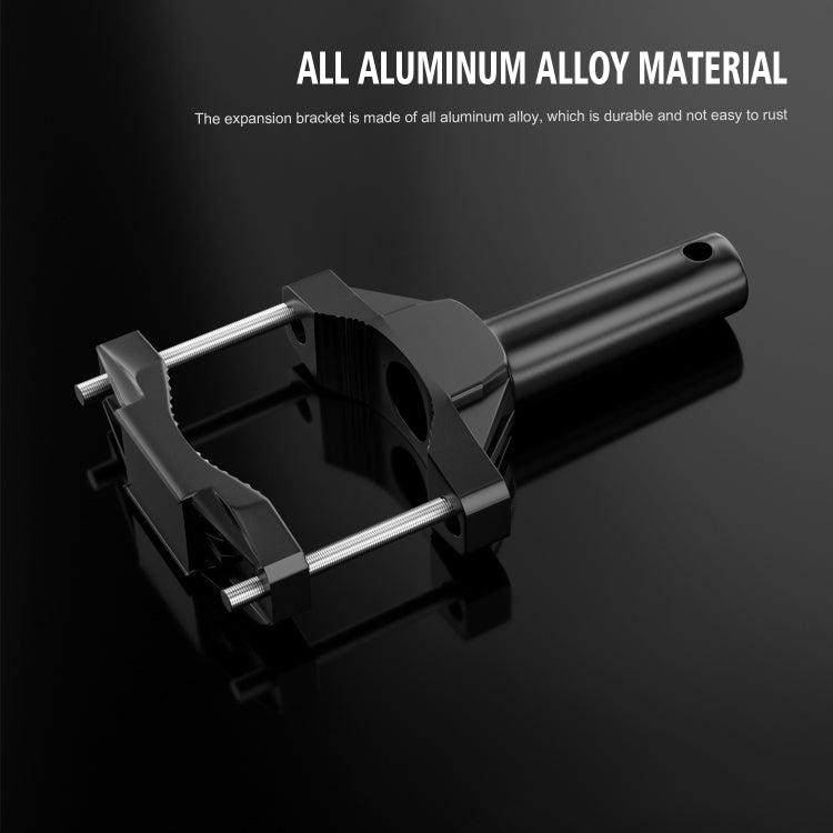 Black aluminum spotlight mounting bracket with clamp and two silver rods