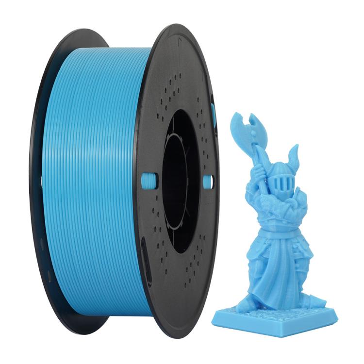 Blue PETG filament spool 1.75mm with sample figurine print