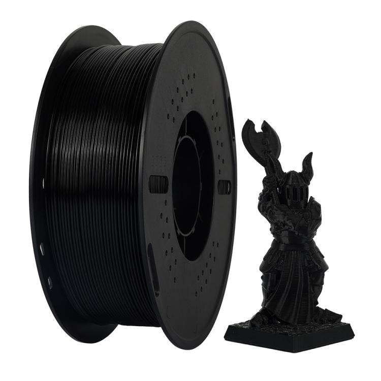 Black PETG filament spool 1.75mm with a matching black 3D-printed figurine