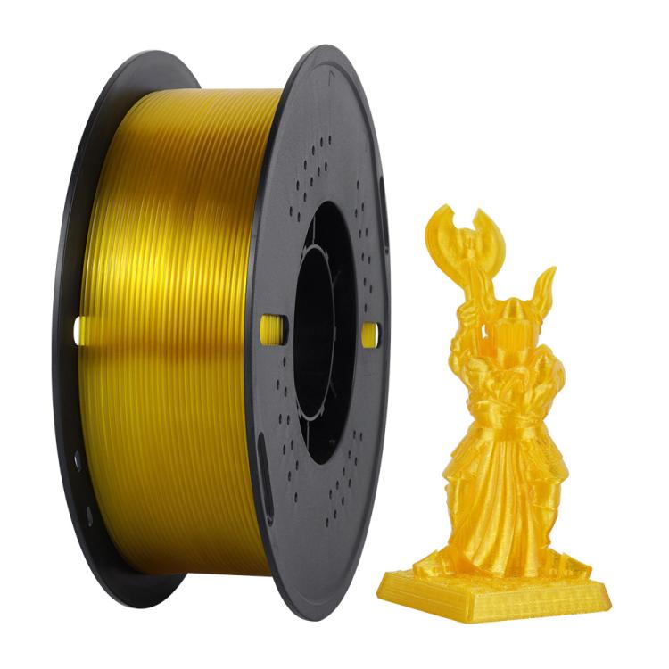 Gold yellow PETG filament spool 1.75mm with a matching yellow 3D-printed figurine