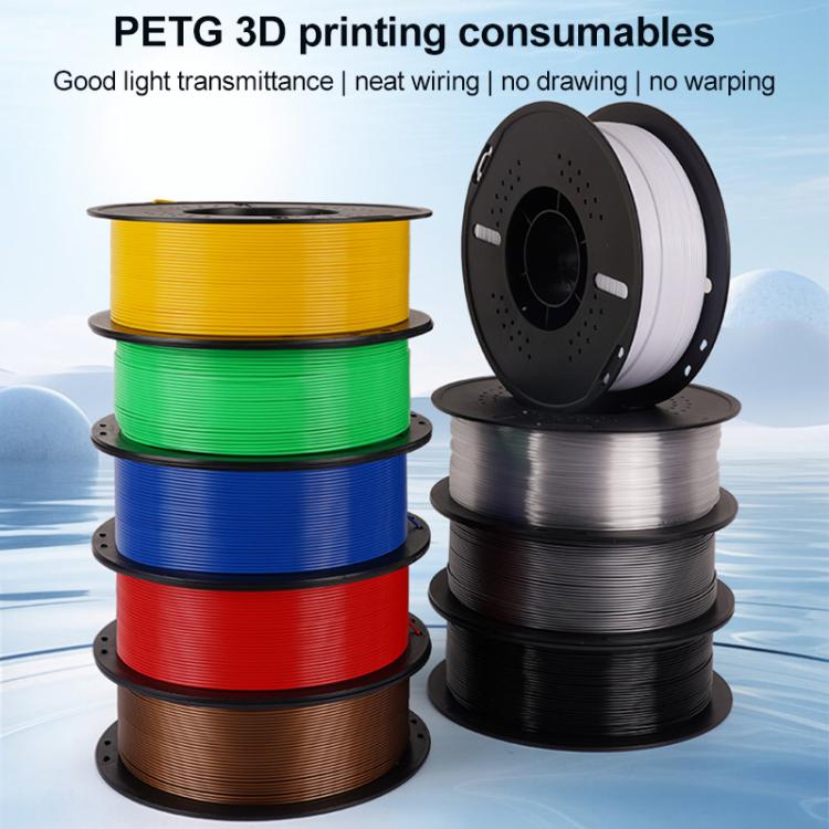 Multiple PETG filament spools in yellow, green, blue, red, brown, and black colors