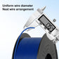 Caliper measuring blue 3D printer filament on a spool
