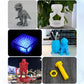 Colorful 3D printed figures, including glowing blue and bright yellow parts