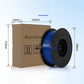 Blue 1.75mm PETG filament spool with cardboard box package and size diagram