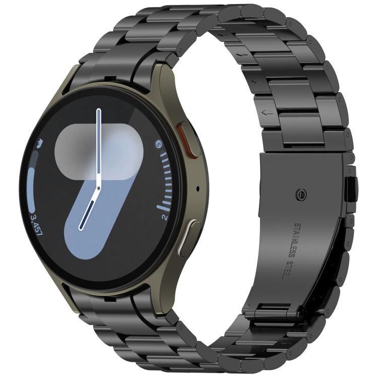 Black three-bead metal watch band fitted to a round smartwatch with a different face