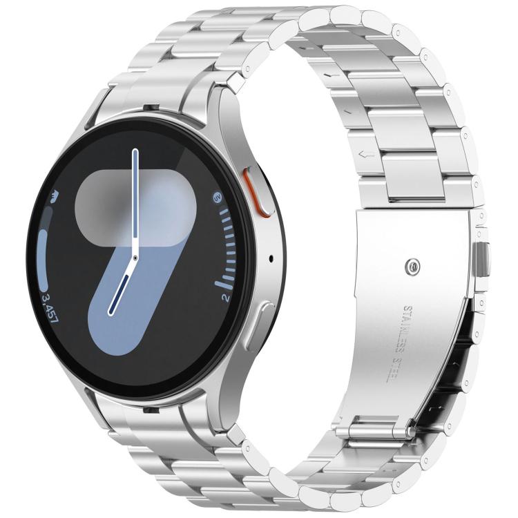 Silver three-bead metal watch band fitted to a round smartwatch with a different face
