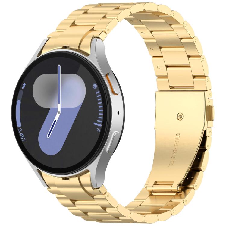 Gold three-bead metal watch band fitted to a round smartwatch with a different face