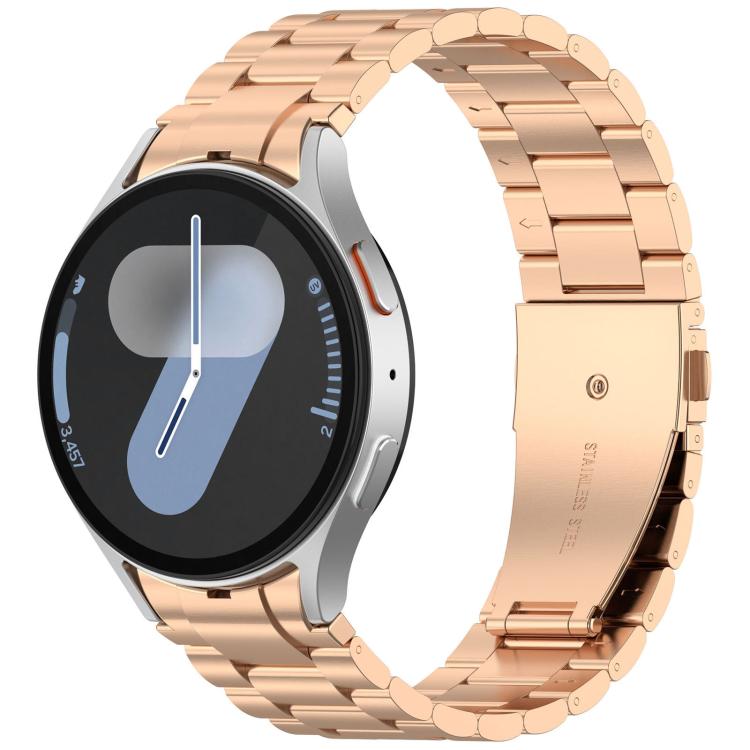 Rose gold metal link watch band shown attached to a round watch.
