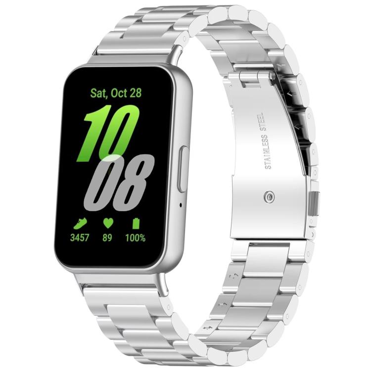 Silver metal link watch band shown attached to a rectangular watch.