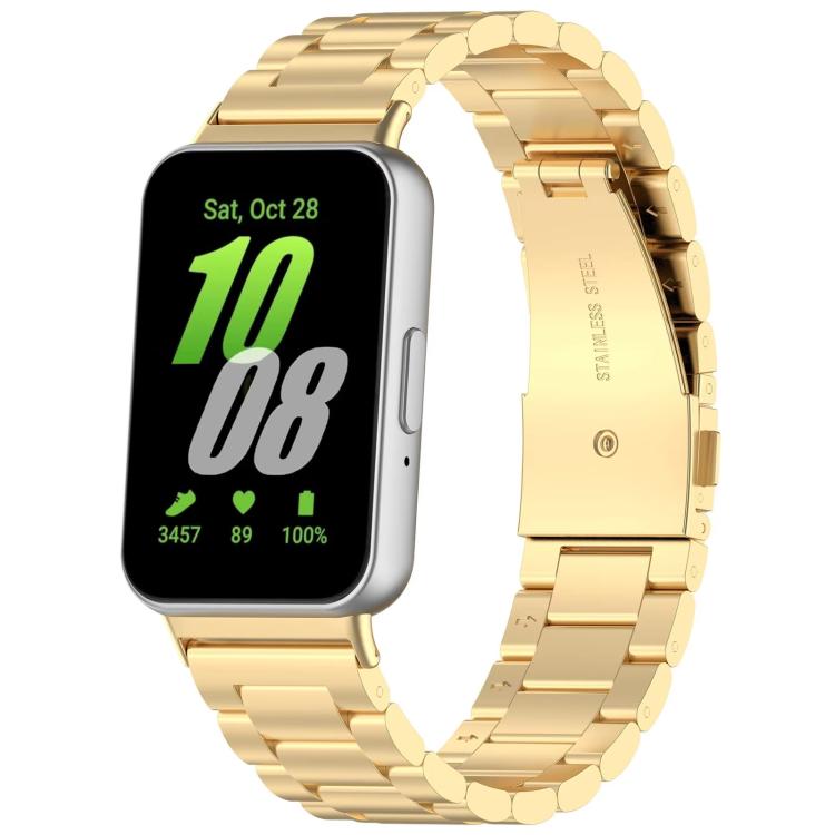Gold metal link watch band shown attached to a rectangular watch.