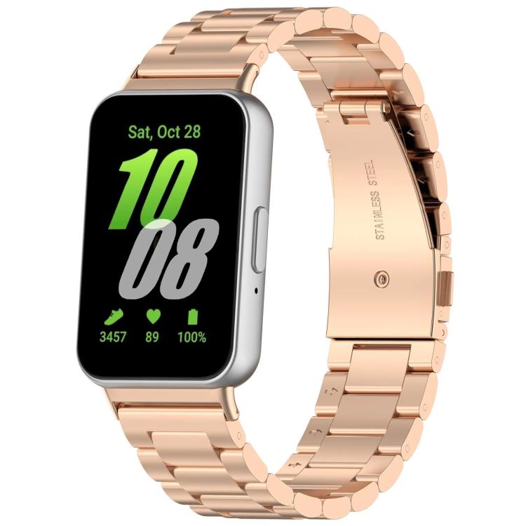 Rose gold metal link watch band shown attached to a rectangular watch.