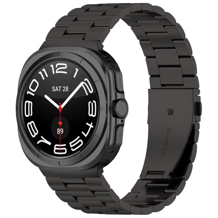 Black three-bead metal watch band fitted to a round smartwatch